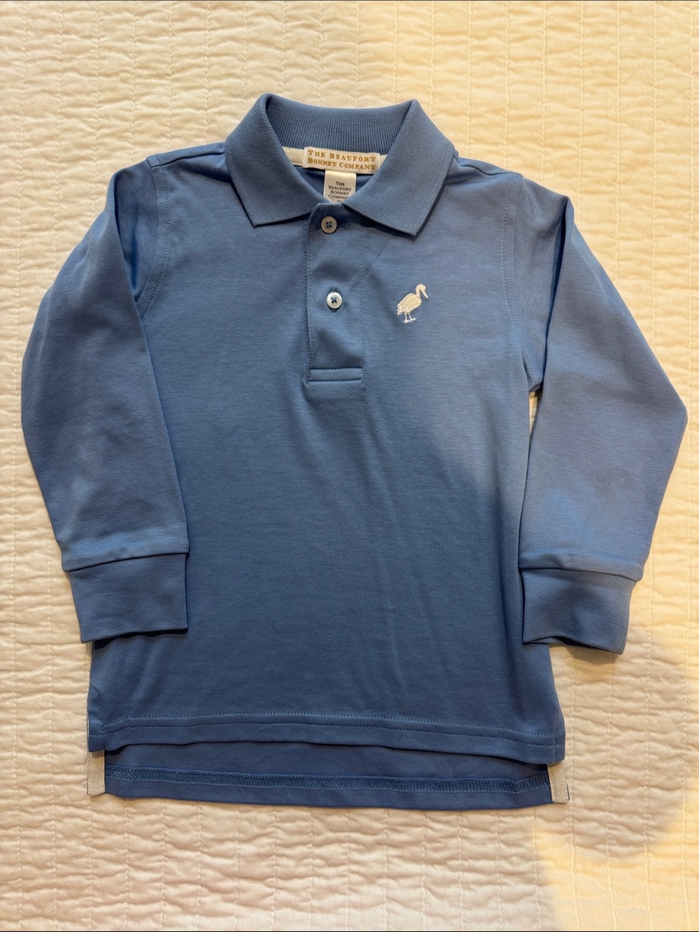 The Beaufort Bonnet Company Blue Long-Sleeve Polo with Embroidered Stork
